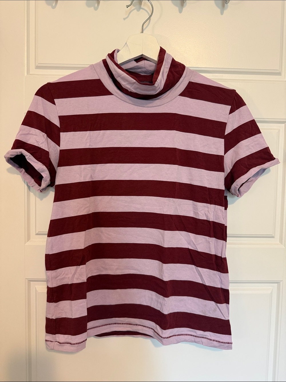 Maeve Striped Short Sleeve Turtleneck Tee - Burgundy & Lavender